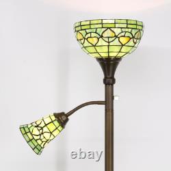 Tiffany Floor Lamp Torchiere with Side Nightlight Yellow Green Stained Glass Rea