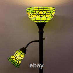 Tiffany Floor Lamp Torchiere with Side Nightlight Yellow Green Stained Glass Rea