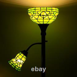 Tiffany Floor Lamp Torchiere with Side Nightlight Yellow Green Stained Glass Rea