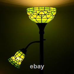 Tiffany Floor Lamp Torchiere with Side Nightlight Yellow Green Stained Glass Rea