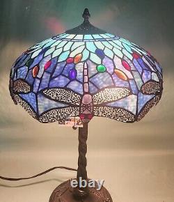 Tiffany Inspired Blue Stained Glass Dragonfly Table Lamp Spiral Base