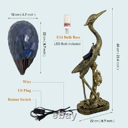 Tiffany Lamp Blue Stained Glass Crane Bird Style Table Lamp Desk Light 23.6 Inch