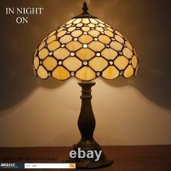 Tiffany Lamp Cream Stained Glass and Crystal Pearl Bead Style Table Lamps Height