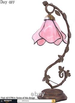 Tiffany Lamp Pink Stained Glass Table Lamp, Metal Leaf Table Desk 8X10X21