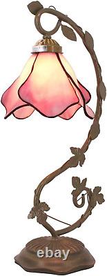 Tiffany Lamp Pink Stained Glass Table Lamp, Metal Leaf Table Desk Reading Light