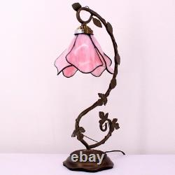 Tiffany Lamp Pink Stained Glass Table Lamp, Metal Leaf Table Desk Reading Light