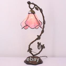 Tiffany Lamp Pink Stained Glass Table Lamp, Metal Leaf Table Desk Reading Light