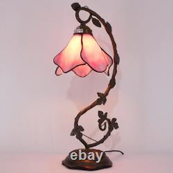 Tiffany Lamp Pink Stained Glass Table Lamp, Metal Leaf Table Desk Reading Light