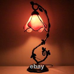 Tiffany Lamp Pink Stained Glass Table Lamp, Metal Leaf Table Desk Reading Light