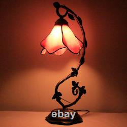Tiffany Lamp Pink Stained Glass Table Lamp, Metal Leaf Table Desk Reading Light