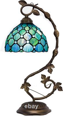 Tiffany Lamp Sea Blue Pearl Stained Glass Table Lamp Metal Leaf Desk Reading Lig