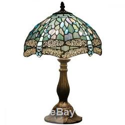 Tiffany Lamp Sea Blue Stained Glass and Crystal Bead Dragonfly Style Table