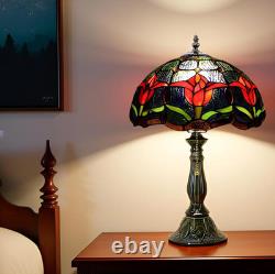 Tiffany Lamp Stained Glass Table Lamps Red Tulip Style Desk Lamp 12X12X18.5 Inch