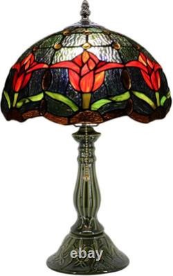 Tiffany Lamp Stained Glass Table Lamps Red Tulip Style Desk Lamp 12X12X18.5 Inch