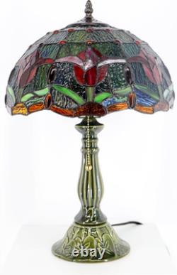 Tiffany Lamp Stained Glass Table Lamps Red Tulip Style Desk Lamp 12X12X18.5 Inch