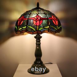 Tiffany Lamp Stained Glass Table Lamps Red Tulip Style Desk Lamp 12X12X18.5 Inch