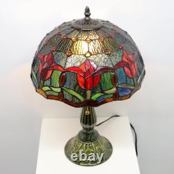 Tiffany Lamp Stained Glass Table Lamps Red Tulip Style Desk Lamp 12X12X18.5 Inch