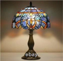 Tiffany Lamp White Blue Baroque Stained Glass Shade Antique Style Base Reading
