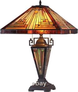 Tiffany Mission Style Table Lamp Multicolor Stained Glass Lit Wooden Base 24 H
