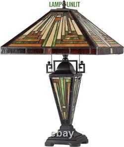 Tiffany Mission Style Table Lamp Multicolor Stained Glass Lit Wooden Base 24 H