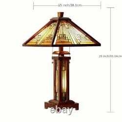 Tiffany Mission Style Table Lamp Multicolor Stained Glass Lit Wooden Base 26 H