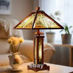 Tiffany Mission Style Table Lamp Multicolor Stained Glass Lit Wooden Base 26 H