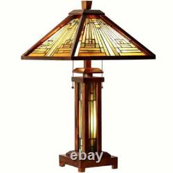 Tiffany Mission Style Table Lamp Multicolor Stained Glass Lit Wooden Base 26 H