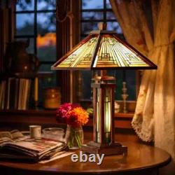 Tiffany Mission Style Table Lamp Multicolor Stained Glass Lit Wooden Base 26 H