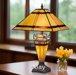 Tiffany Mission Style Table Lamp Multicolor Stained Glass Lit brass 24 H