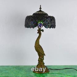 Tiffany Peacock Table Lamp with Stained Glass Shade for Home Decor
