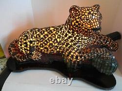 Tiffany Quality Rare, 3 Dimensional Stained Glass Leopard Lamp, One of a Kind