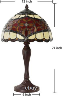 Tiffany Red Baroque Stained Glass Table Lamp Vintage Reading Light 12 Inch