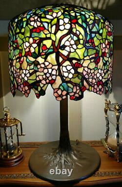 Tiffany Reproduction Stained Glass Lamp Apple Blossom on Bronze Tree Trunk Base