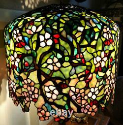 Tiffany Reproduction Stained Glass Lamp Apple Blossom on Bronze Tree Trunk Base