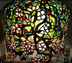 Tiffany Reproduction Stained Glass Lamp Apple Blossom on Bronze Tree Trunk Base