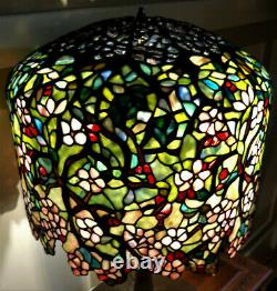 Tiffany Reproduction Stained Glass Lamp Apple Blossom on Bronze Tree Trunk Base