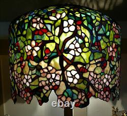 Tiffany Reproduction Stained Glass Lamp Apple Blossom on Bronze Tree Trunk Base