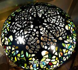 Tiffany Reproduction Stained Glass Lamp Apple Blossom on Bronze Tree Trunk Base