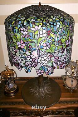 Tiffany Reproduction Stained Glass Lamp Apple Blossom on Bronze Tree Trunk Base