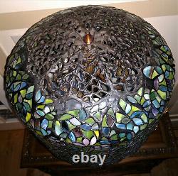 Tiffany Reproduction Stained Glass Lamp Apple Blossom on Bronze Tree Trunk Base