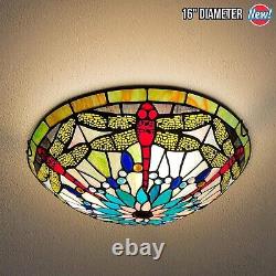 Tiffany Stained Glass Ceiling Light Home Flush Mount Dragonfly Lamp Fixtures 16