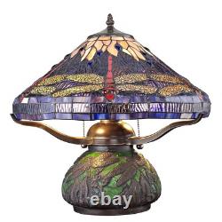 Tiffany Stained Glass Dragonfly Bronze Table Lamp with Mosaic Base 14 Inches