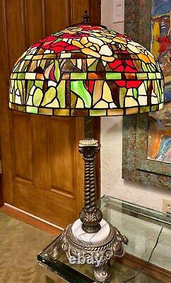 Tiffany Stained Glass Floral Style Victorian Table Lamp withBrass and Marble Base