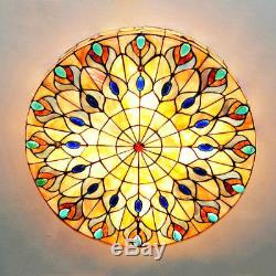 Tiffany Stained Glass Peacock Ceiling Light Home Flush Mount Lamp Fixtures 20
