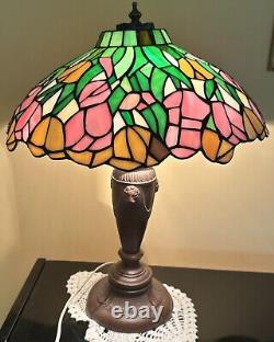 Tiffany Stained Glass Shade Bronze Lion Head Pattern Table Lamp Made USA 1950s