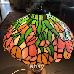 Tiffany Stained Glass Shade Bronze Lion Head Pattern Table Lamp Made USA 1950s