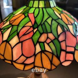 Tiffany Stained Glass Shade Bronze Lion Head Pattern Table Lamp Made USA 1950s