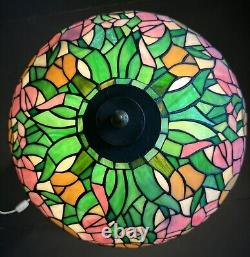 Tiffany Stained Glass Shade Bronze Lion Head Pattern Table Lamp Made USA 1950s