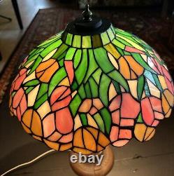 Tiffany Stained Glass Shade Bronze Lion Head Pattern Table Lamp Made USA 1950s