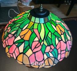 Tiffany Stained Glass Shade Bronze Lion Head Pattern Table Lamp Made USA 1950s